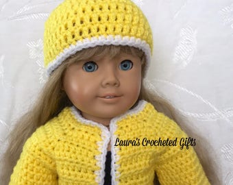 Sweater and Hat for Doll, Handmade Crochet, Crochet Doll Clothes, Sweater and Hat for 18 in Doll, Yellow and White Clothes for 18 in Doll