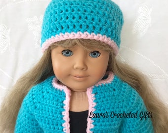 Sweater and Hat for Doll, Handmade Crochet, Crochet Doll Clothes, Sweater and Hat for 18 in Doll, Blue and Pink Clothes for 18 in Doll