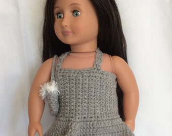 Party Dress for 18 inch Doll, Handmade Crochet Doll Dress, Silver Holiday Party Dress for 18 inch doll, Doll Christmas Dress