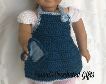 Doll Apron and Potholder, Handmade Crochet Doll Clothes, Doll Apron, Blue Doll Apron, Accessories for 18 inch Doll, Baking Apron for Doll