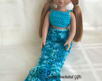 Doll Costume, Mermaid Princess Costume, Handmade Crochet Doll Clothes, Blue Green Mermaid Costume for 14 in Doll, Doll Mermaid Tail