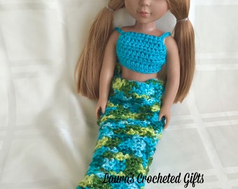 Doll Costume, Mermaid Princess Costume, Handmade Crochet Doll Clothes, Blue, Green, Yellow Mermaid Costume for 14 in Doll, Doll Mermaid Tail