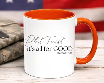Plot Twist Its All For Good Ceramic Coffee Mug, Inspirational Christian Bible Verse Teacup Gift, Romans 8:28 Scripture Comforting Present