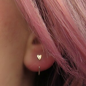 Tiny Heart Huggie Hoop Earrings Bronze Heart Sleeper Hoops Dainty Heart Hoop Earrings Valentines Gift for Her image 2