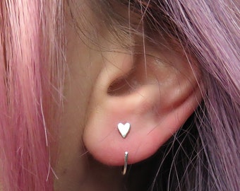 Sterling Silver Tiny Heart Huggie Hoop Earrings: Minimalist Sleeper Hoops
