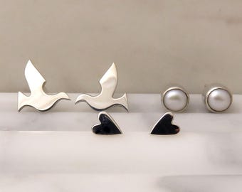 Aphrodite Sterling Silver Stud Earring Set, Dove, Pearl & Heart