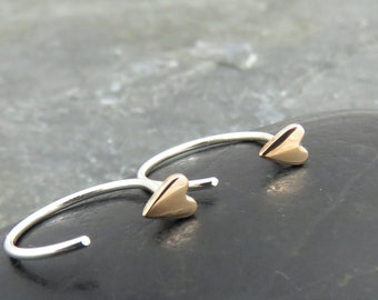 Tiny Heart Huggie Hoop Earrings: Bronze & Sterling Silver Sleeper Hoops