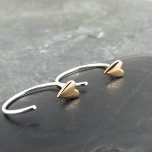 Tiny Heart Huggie Hoop Earrings Bronze Heart Sleeper Hoops Dainty Heart Hoop Earrings Valentines Gift for Her image 1