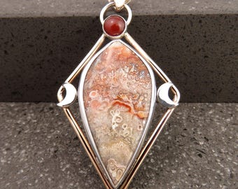 Lace Agate Carnelian Pendant – Sterling Silver Bronze Blood Moon Necklace