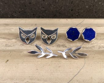 Athena Goddess Sterling Silver Earring Set: Lapis Lazuli, Owl, Olive Branch