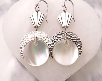 Aphrodite Crescent Moon Earrings: Sterling Silver, Scallop Shell & Mother of Pearl