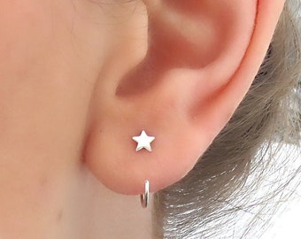 Tiny Sterling Silver Star Huggie Earrings: Minimalist Celestial Hoops