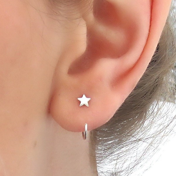 Tiny Star Huggie Earrings - 4mm Silver Star Tiny Hoop Earrings - Minimalist Earrings - Celestial Jewelry - Dainty Earrings