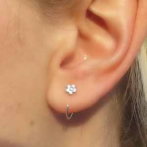 Forget Me Not Sleeper Hoops - Minimalist Sterling Silver Flower Ear Hugger Studs - Spring Jewelry Gift