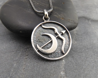 Artemis Silver Moon Bow and Arrow Pendant - Sculptural Sterling Silver Necklace Charm