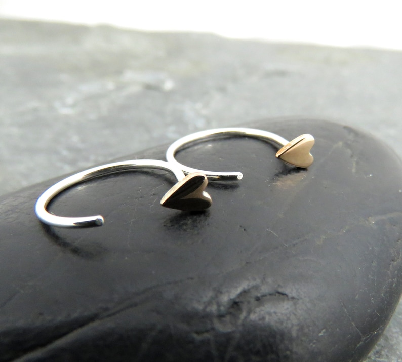 Tiny Heart Huggie Hoop Earrings Bronze Heart Sleeper Hoops Dainty Heart Hoop Earrings Valentines Gift for Her image 3