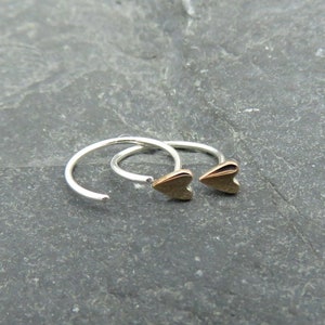 Tiny Heart Huggie Hoop Earrings Bronze Heart Sleeper Hoops Dainty Heart Hoop Earrings Valentines Gift for Her image 4