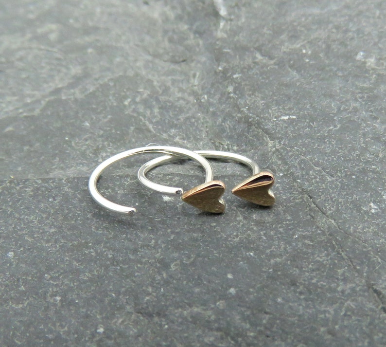 Tiny Heart Huggie Hoop Earrings Bronze Heart Sleeper Hoops Dainty Heart Hoop Earrings Valentines Gift for Her image 4