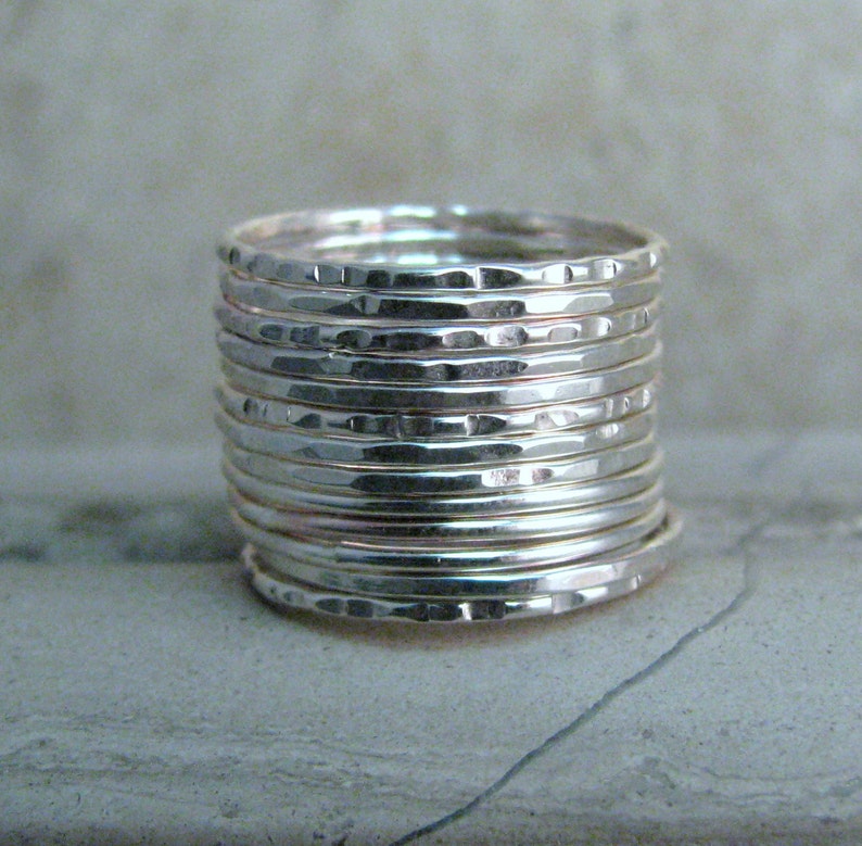 Thin Dainty Rings Silver Stacking Ring Bands 1mm Stacker Rings Hammered Silver Ring Bands Spacers Custom Size, Finish, and Quantity image 2