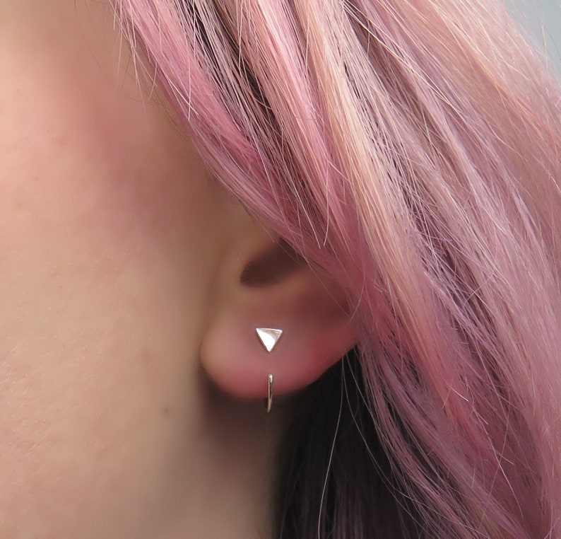 Tiny Triangle Huggie Hoop Earrings Silver Triangle Sleeper Hoops Dainty Triangle Hoop Earrings Minimalist Jewelery image 1