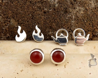 Hestia Goddess Sterling Silver Stud Earring Set: Carnelian, Flame, Teakettle