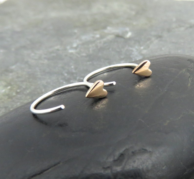 Tiny Heart Huggie Hoop Earrings Bronze Heart Sleeper Hoops Dainty Heart Hoop Earrings Valentines Gift for Her image 1