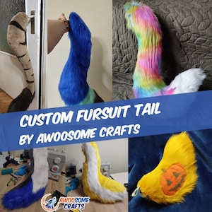 Könnte beinhalten: Eine Sammlung von maßgeschneiderten Fursuit-Schwänzen in verschiedenen Farben und Designs. Die Schwänze umfassen einen Regenbogen-, blauen, gelben und braunen Schwanz. Das Bild enthält auch den Text "CUSTOM FURSUIT TAIL BY AWOOSOME CRAFTS".