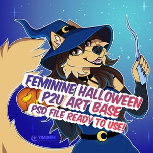 Puede incluir: Ilustración digital de un lobo de dibujos animados disfrazado de bruja para Halloween. El lobo lleva un sombrero de bruja azul con una luna, una gargantilla negra y un vestido azul. El texto dice "FEMININE HALLOWEEN P2U ART BASE PSD FILE READY TO USE!"