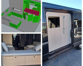 May include: A black van with a wooden panel covering the side door. The panel has a small window and a handle. The van is parked on a paved surface.