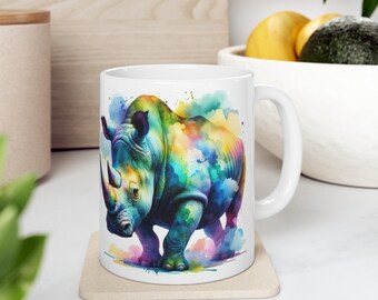 Pastel coffee mug 11oz, Rhino mug, Animal lover gift, Whimsical mug, Pastel colors, Gift for coffee lovers, Coffee Life, Illustrated mug