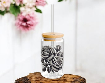 16oz Sipper Glass with Intricate Rose Design, Bamboo Lid and Straw, Eco-Friendly Drinkware, Floral Glass Cup