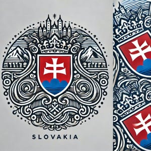 May include: A detailed illustration of the Slovakia coat of arms. The design features a red shield with a white double cross over a blue base, surrounded by ornate scrollwork, mountains, and a castle. The word "SLOVAKIA" is at the bottom.