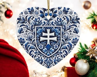 Slovakia Christmas Ornament, Traditional Eastern European Folk Art, Slovak Folk Pattern Heart Ornament Holiday Tree Decor Ceramic Ornaments