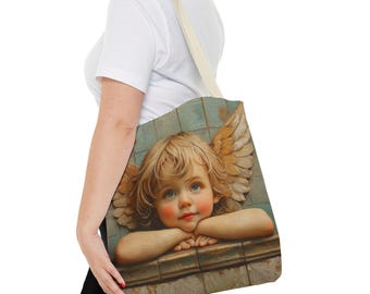 Bolsa Tote Angelic Inspiration - Design Caprichoso para Cristãos, Presente para Amantes de Anjos, Oração, Compras Artísticas, Bolsa Mensageiro Única