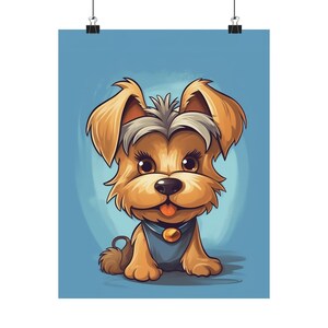 Könnte beinhalten: Eine Cartoon-Illustration eines kleinen, braunen und weißen Yorkshire-Terriers mit einem blauen Halsband und einer Glocke. Der Hund sitzt auf einem hellblauen Hintergrund.