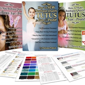 May include: Three e-books with covers featuring young girls wearing tutus and hair bows. The titles are "How to Make Boutique Quality Hairbows Fun & Profit!" "How to Sew Boutique Quality Tutues for Fun & Profit!" and "How to Make Boutique Quality Tutues for Fun & Profit!" Each book cover includes the text "NO Experience Necessary!" and "Sell Your Hand Made Creations!"