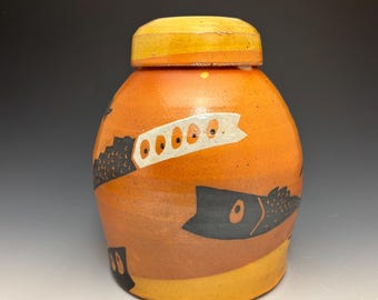Sea Creatures - Cap Jar - 8 1/2  " Tall - Soda Glazed Stoneware - (54)