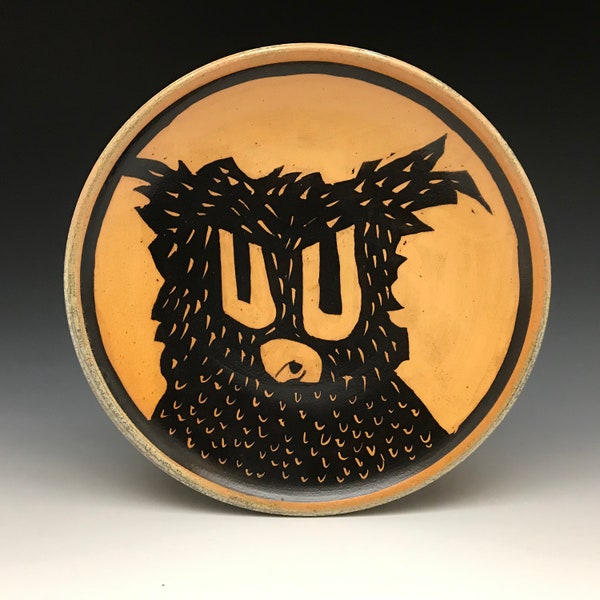 Owl - Luncheon Plate -  Titanium Yellow -Soda Fired Stoneware - Approx. 9" diameter - Ron Philbeck (57)