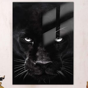 Black Panther Tempered Glass Wall Art, High-Gloss Animal Print, Modern Wildlife Decor, Bold and Powerful Panther Face Artwork Wall Decor Art
