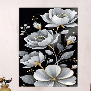 White and Gold Floral Tempered Glass Wall Art: Elegant Botanical Decor