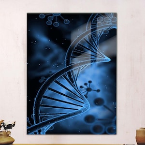 May include: A digital illustration of a blue DNA double helix against a dark blue background with white dots. The helix is in focus and the background is blurred.