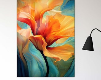 Colorful Flower Glass Wall Decor, Vibrant Floral Print, Large Tempered Glass Art, Abstract Orange Botanical Artwork, Modern Housewarming