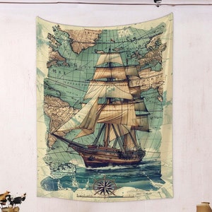 Tapisserie de carte nautique, art mural de navire vintage, décoration de voilier, tapisserie de carte du monde antique, tenture murale maritime, impression d'exploration de l'océan