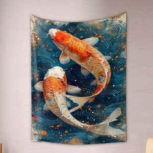 日本のタペストリー キオ 魚のタペストリー、日本のタペストリー 海のアート装飾、壁飾り 魚のアート、オレンジ色の日本の魚、タペストリー 壁掛け 家庭用
