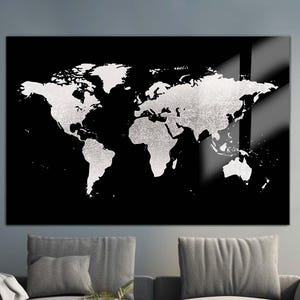 Czarno-biała mapa świata, szklana sztuka ścienna, nowoczesny minimalistyczny wydruk geograficzny, elegancki błyszczący hartowany szklany wystrój domowego biura, sztuka szklana