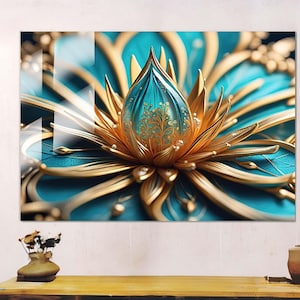 Luxurious Gold And Teal Lotus Flower Art,  Tempered Glass Wall Decor,3D Mandala Design, Elegant Living Room Accent, Wall Hangings Art, Wall