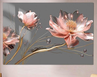 Pink Crystal Lotus Glass Wall Art - Luxury Rose Gold Floral Artwork, Elegant Metallic Botanical Tempered Glass Wall Decor for Living Room