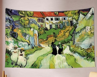 May include: A tapestry featuring a painting of a country road with a white house and two figures walking towards a small town. The painting is done in a style reminiscent of Vincent van Gogh, with bold brushstrokes and vibrant colors.