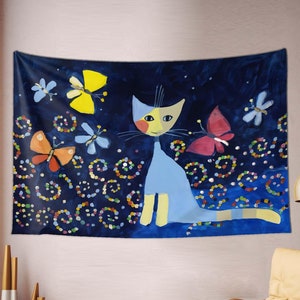 壁飾りタペストリー、猫のタペストリー、かわいいブラシストロークの猫、タペストリーガーデンフラワー、ボヘミアンタペストリー、コラージュタペストリー、ヒップスタースタイルの装飾