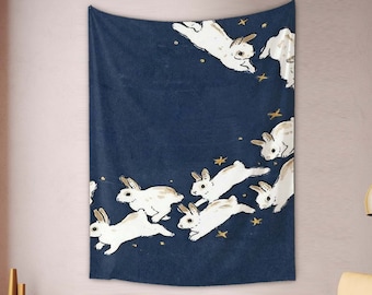 Rabbit Tapestry: Navy Boho Wall Hanging, Animal Decor